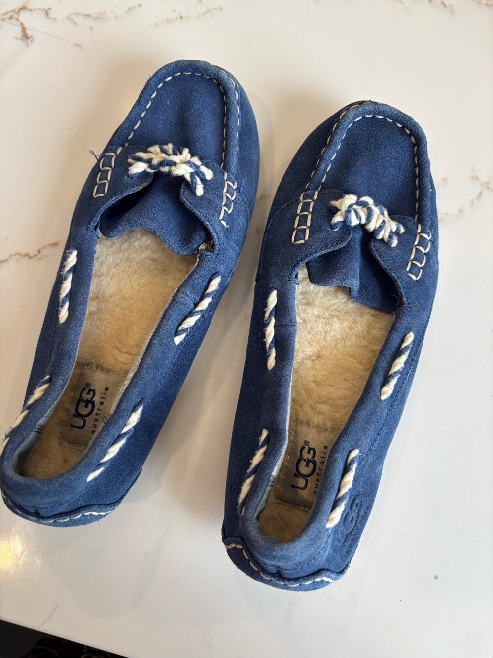 UGG Navy Suede Moccasin Slippers with Shearling